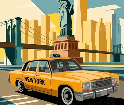 Illustration rétro – Taxi jaune avec Statue de la Liberté
