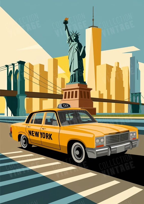 Illustration rétro – Taxi jaune avec Statue de la Liberté