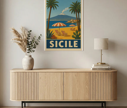 affiche vintage sicile plage rétro
