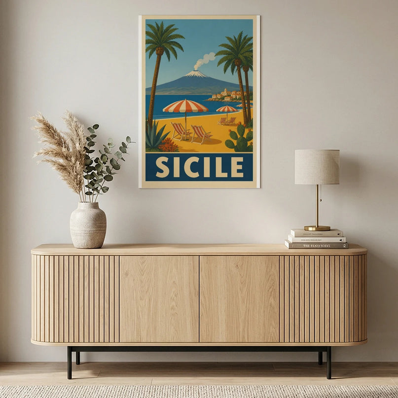 affiche vintage sicile plage rétro