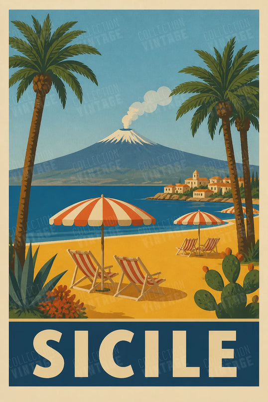 affiche vintage sicile plage rétro