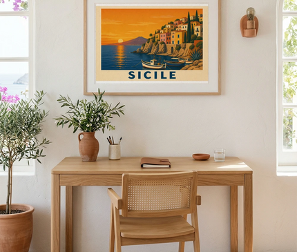 affiche vintage sicile paysage côtier