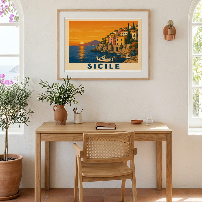 affiche vintage sicile paysage côtier