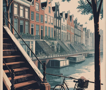 affiche amsterdam vintage escaliers de maisons