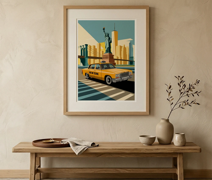Illustration rétro – Taxi jaune avec Statue de la Liberté