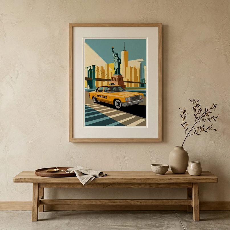Illustration rétro – Taxi jaune avec Statue de la Liberté