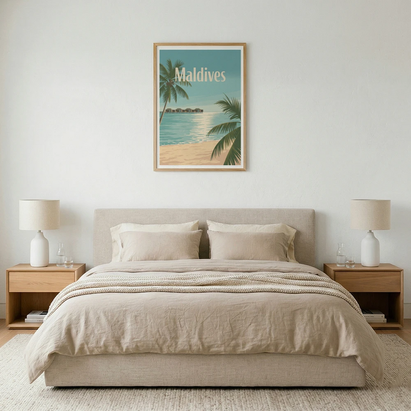 affiche maldives maison sur pilotis illustration