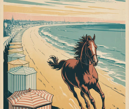 affiche deauville chevaux sur la plage illustration