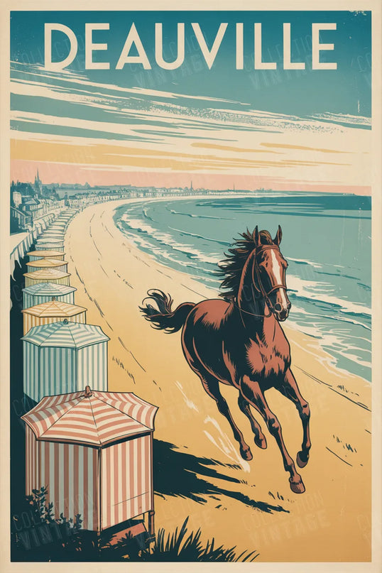 affiche deauville chevaux sur la plage illustration