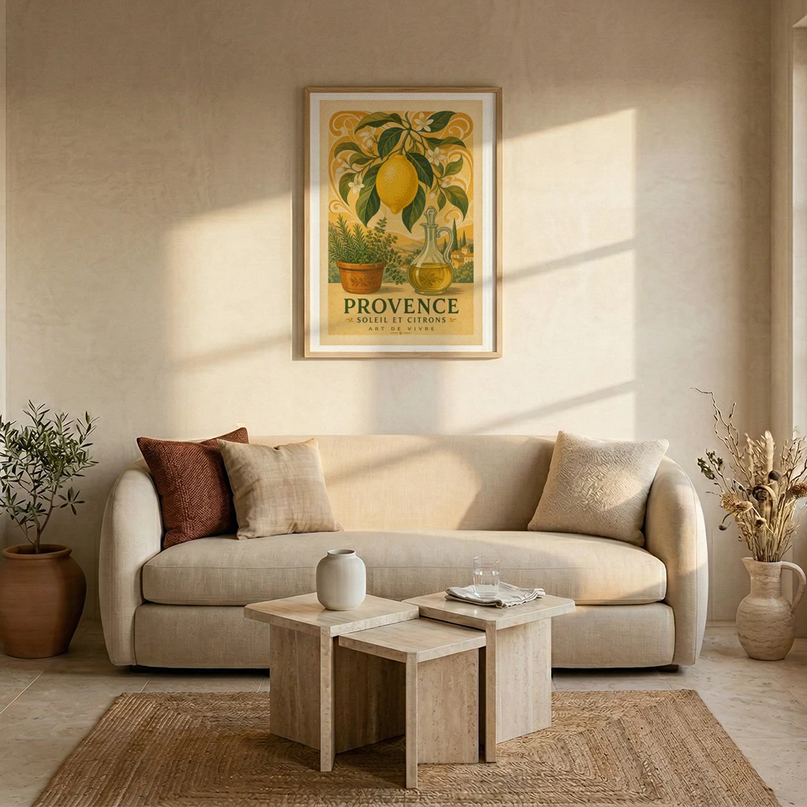 Affiche Citron et plantes vertes style Art Nouveau Provence