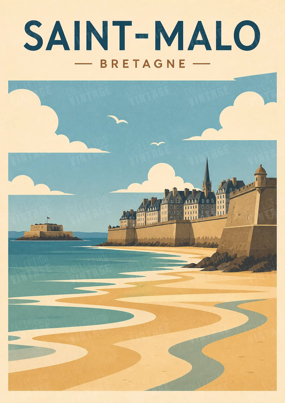 affiche saint malo vintage baie et plage