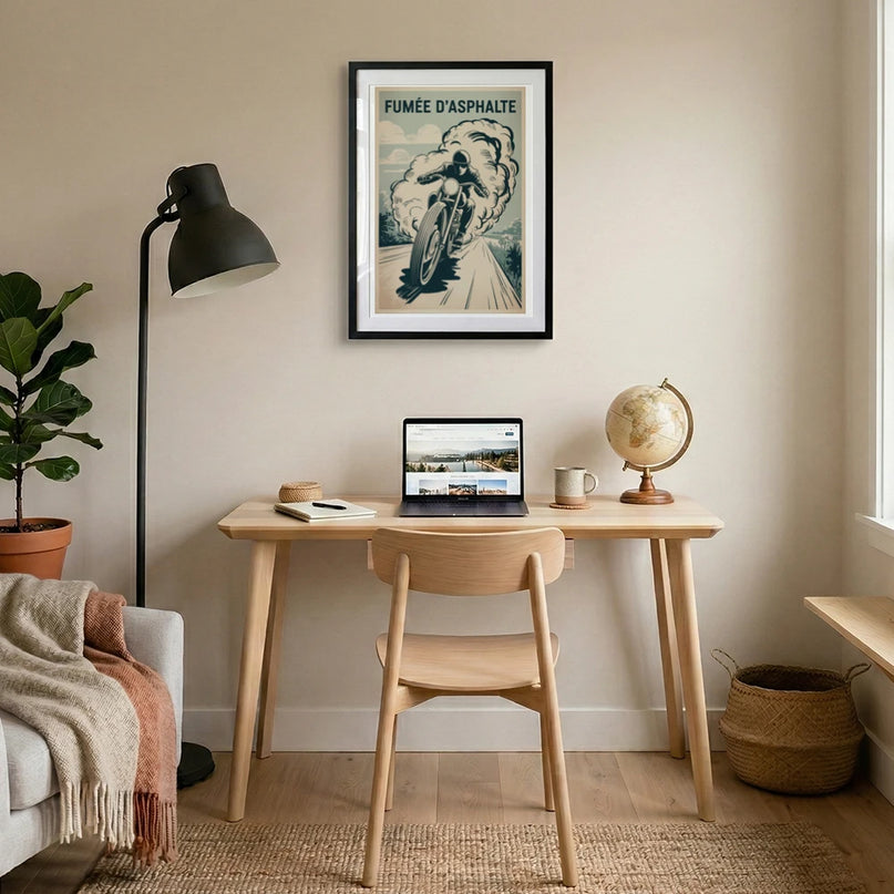 affiche moto noir et blanc fumee