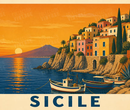 affiche vintage sicile paysage côtier