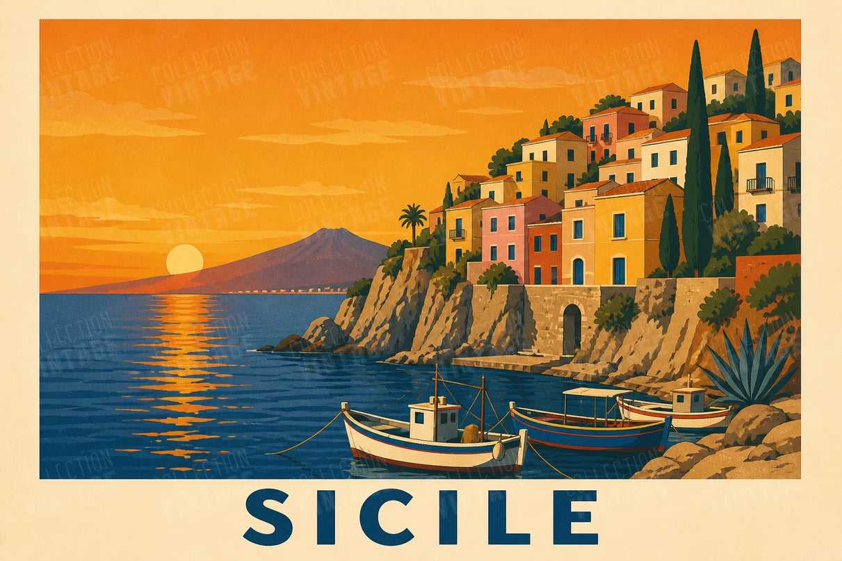 affiche vintage sicile paysage côtier