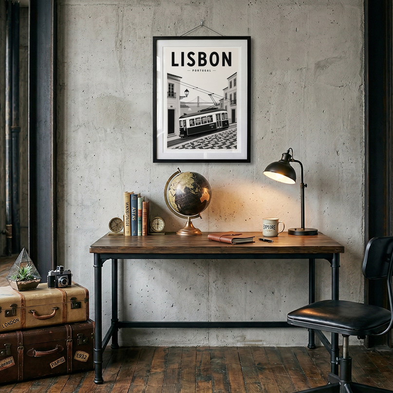 affiche lisbonne noir et blanc tramway