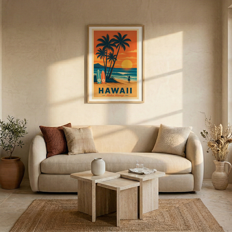 affiche hawai plage et palmiers