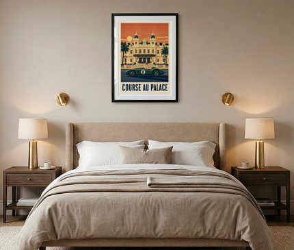 poster illustration voiture de course devant palace
