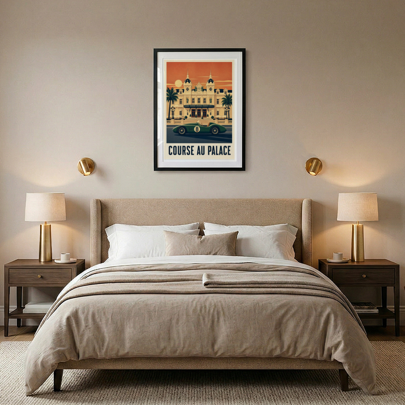 poster illustration voiture de course devant palace