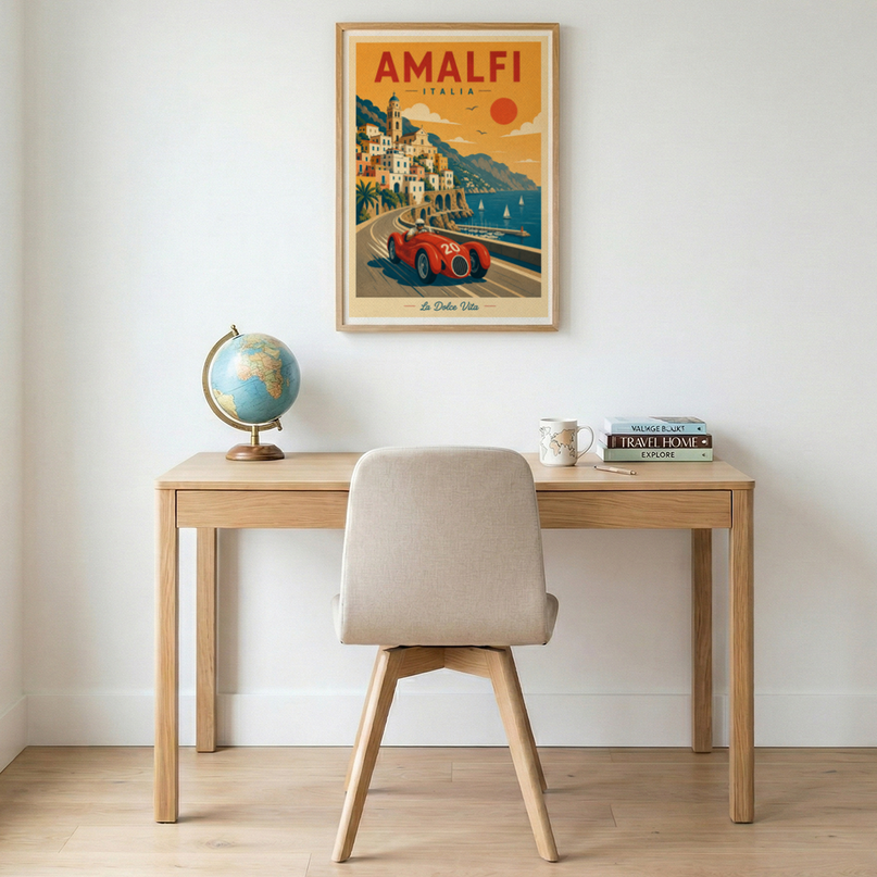 poster vintage voiture de course ville mediterraneenne