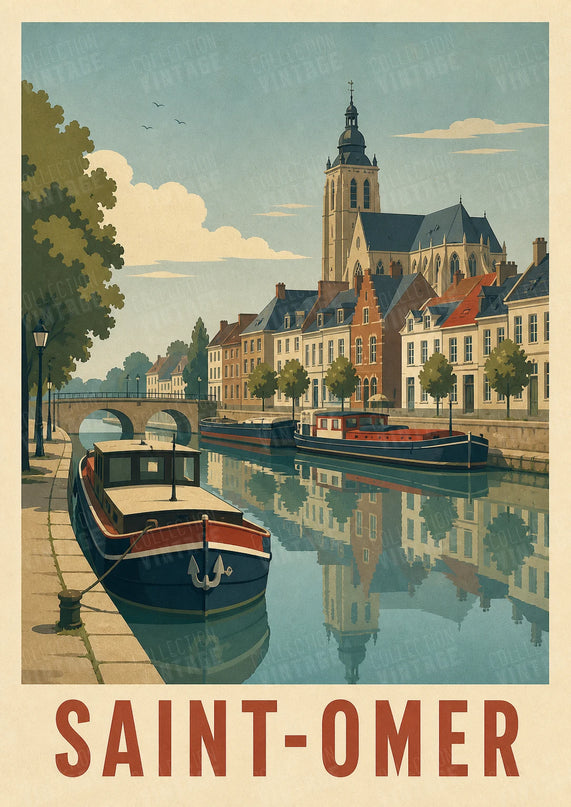 affiche saint-omer canal et ville vintage