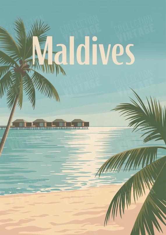 affiche maldives maison sur pilotis illustration