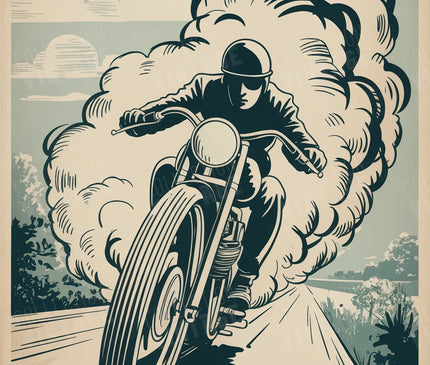 affiche moto noir et blanc fumee