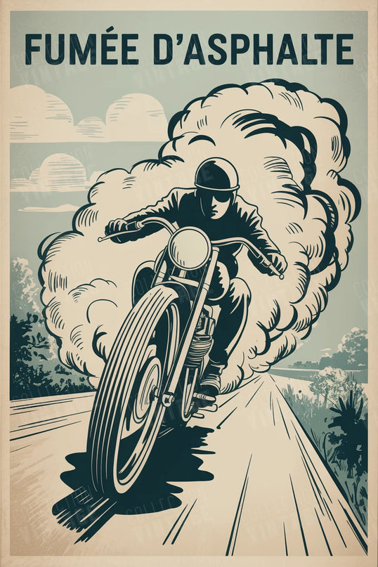 affiche moto noir et blanc fumee