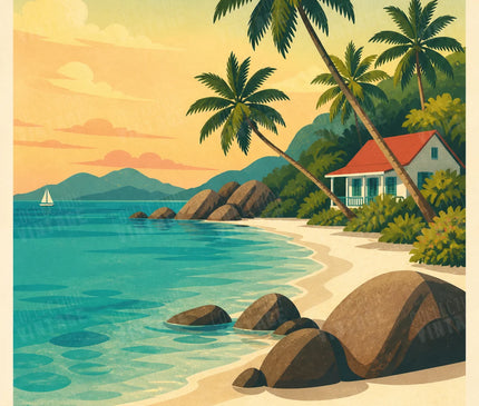 affiche seychelles paysage tropical vintage