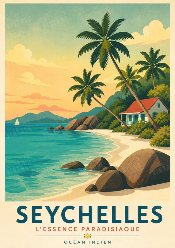 affiche seychelles paysage tropical vintage
