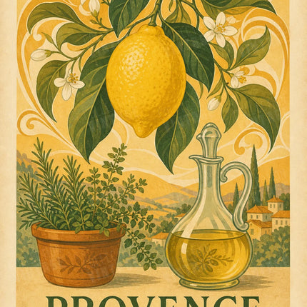 Affiche Citron et plantes vertes style Art Nouveau Provence