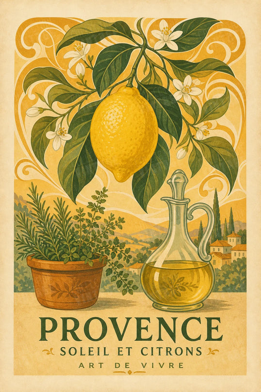 Affiche Citron et plantes vertes style Art Nouveau Provence