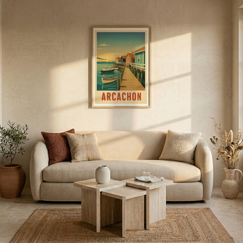 affiche retro village de pecheurs arcachon