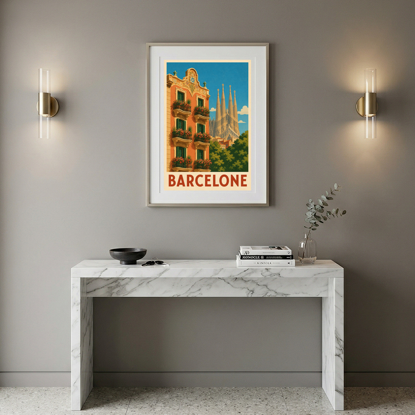 affiche barcelone façade colorée