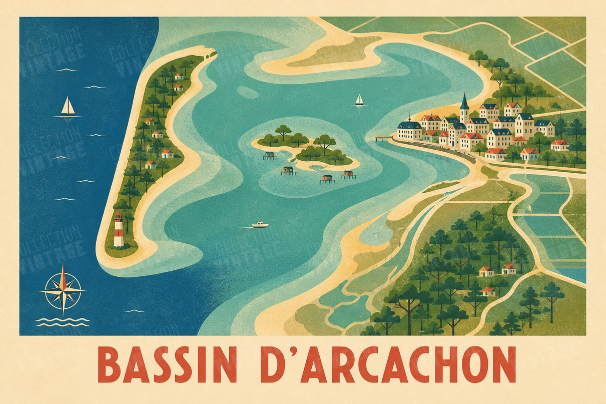 affiche carte stylisee bassin d'arcachon
