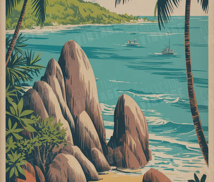 affiche seychelles scene de plage vintage