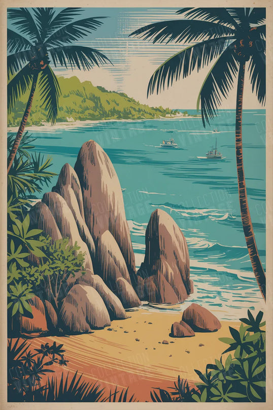 affiche seychelles scene de plage vintage