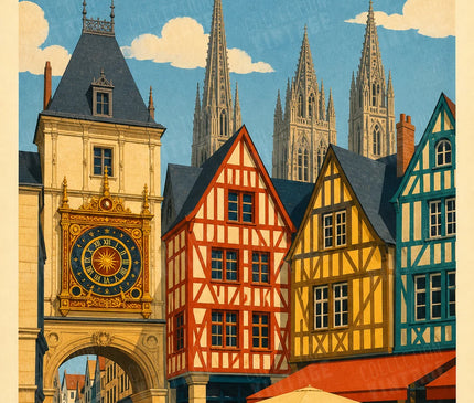 affiche rouen maisons à colombages vintage