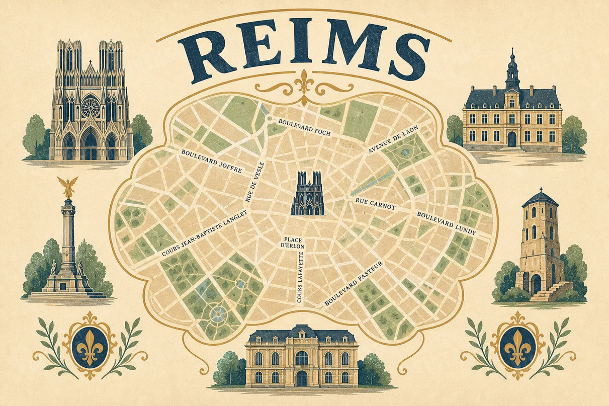 affiche reims plan ancien décoratif