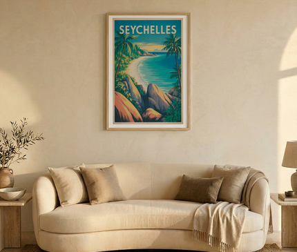 affiche seychelles plage paradisiaque vintage
