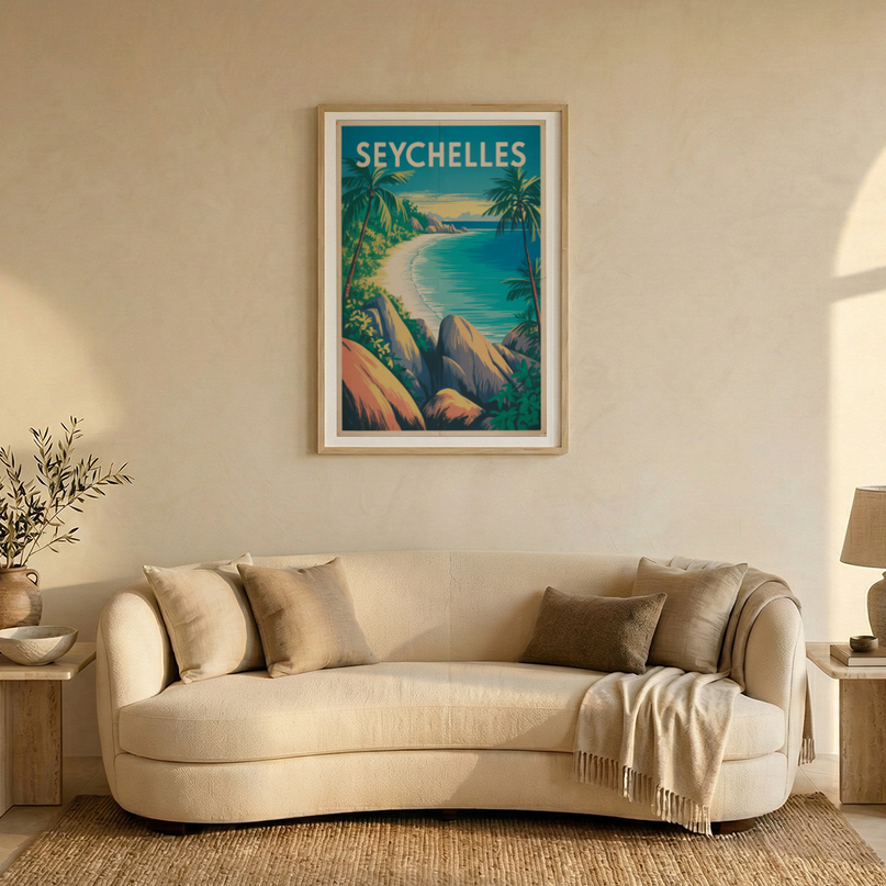 affiche seychelles plage paradisiaque vintage