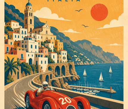 poster vintage voiture de course ville mediterraneenne