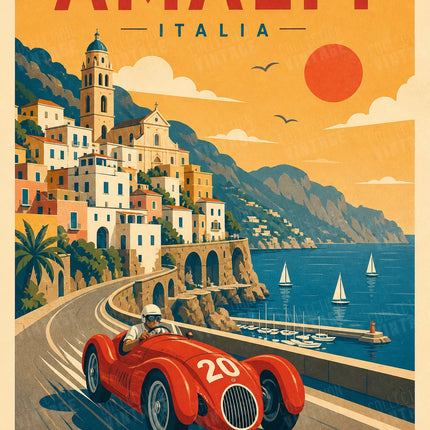 poster vintage voiture de course ville mediterraneenne