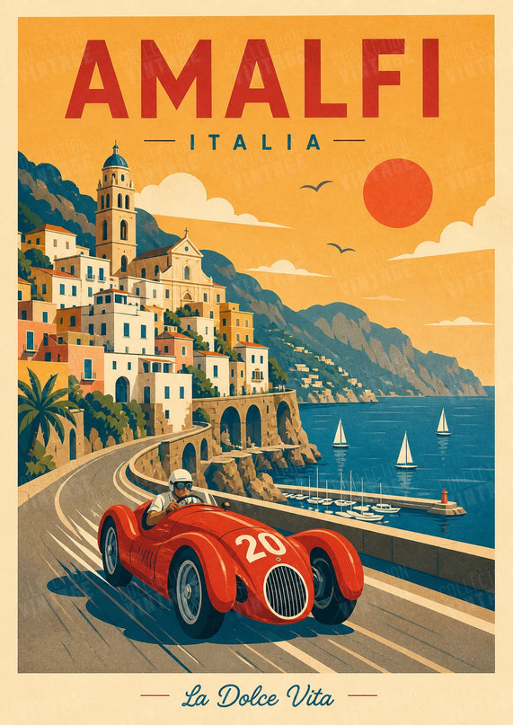 poster vintage voiture de course ville mediterraneenne