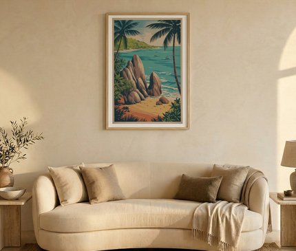 affiche seychelles scene de plage vintage