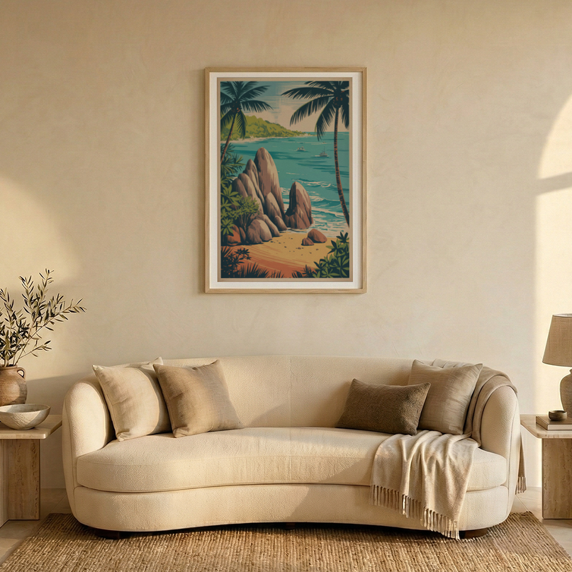 affiche seychelles scene de plage vintage