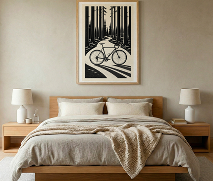 affiche vélo noir et blanc forêt