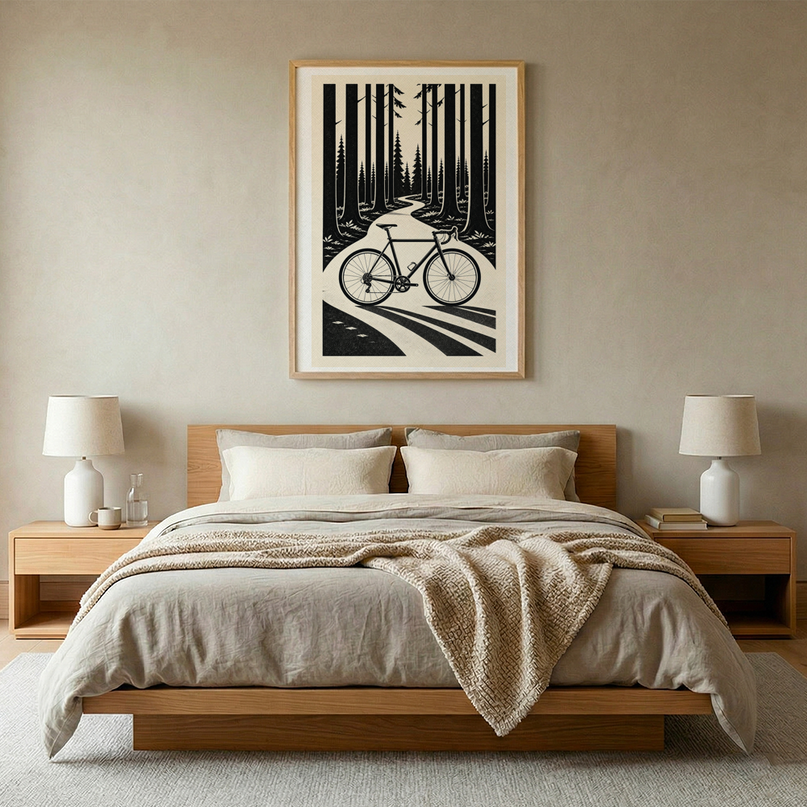 affiche vélo noir et blanc forêt
