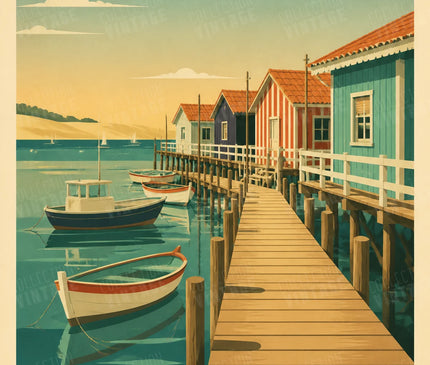 affiche retro village de pecheurs arcachon