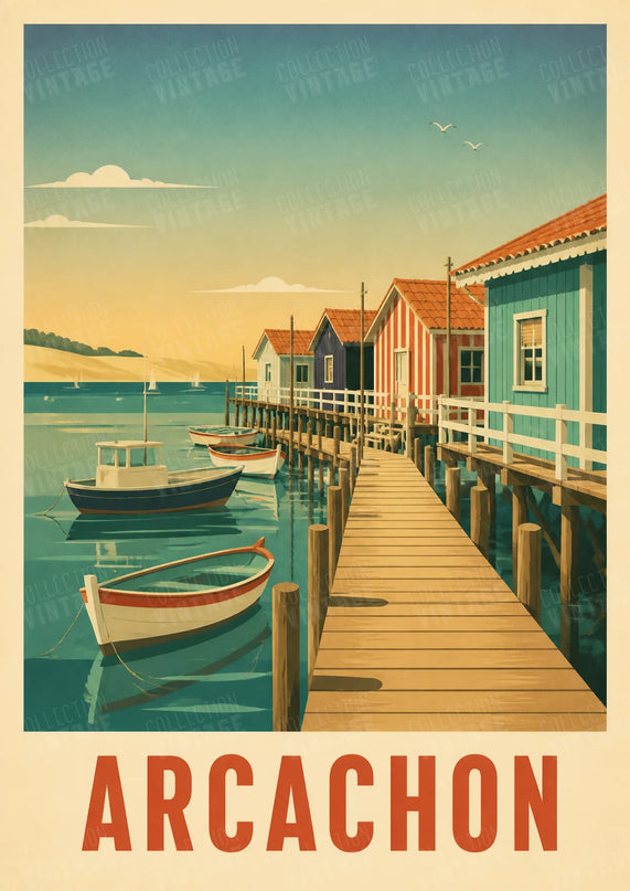 affiche retro village de pecheurs arcachon