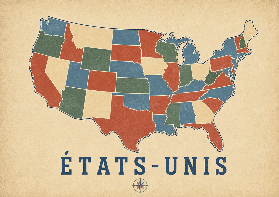 affiche carte etats unis pour salon vintage